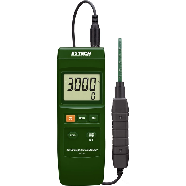 Grünes Extech Magnetfeldmesser zeigt '3000' auf dem LCD-Display an. Gerät hat schwarze Sonde und Kabel.